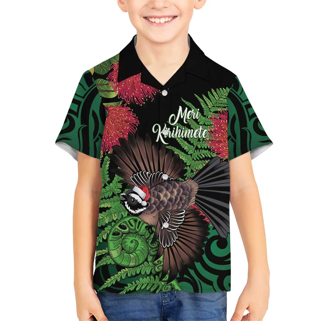 Meri Kirihimete New Zealand Family Matching Long Sleeve Bodycon Dress and Hawaiian Shirt Piwakawaka Koru Fern Mix Pohutukawa - Polynesian Pride
