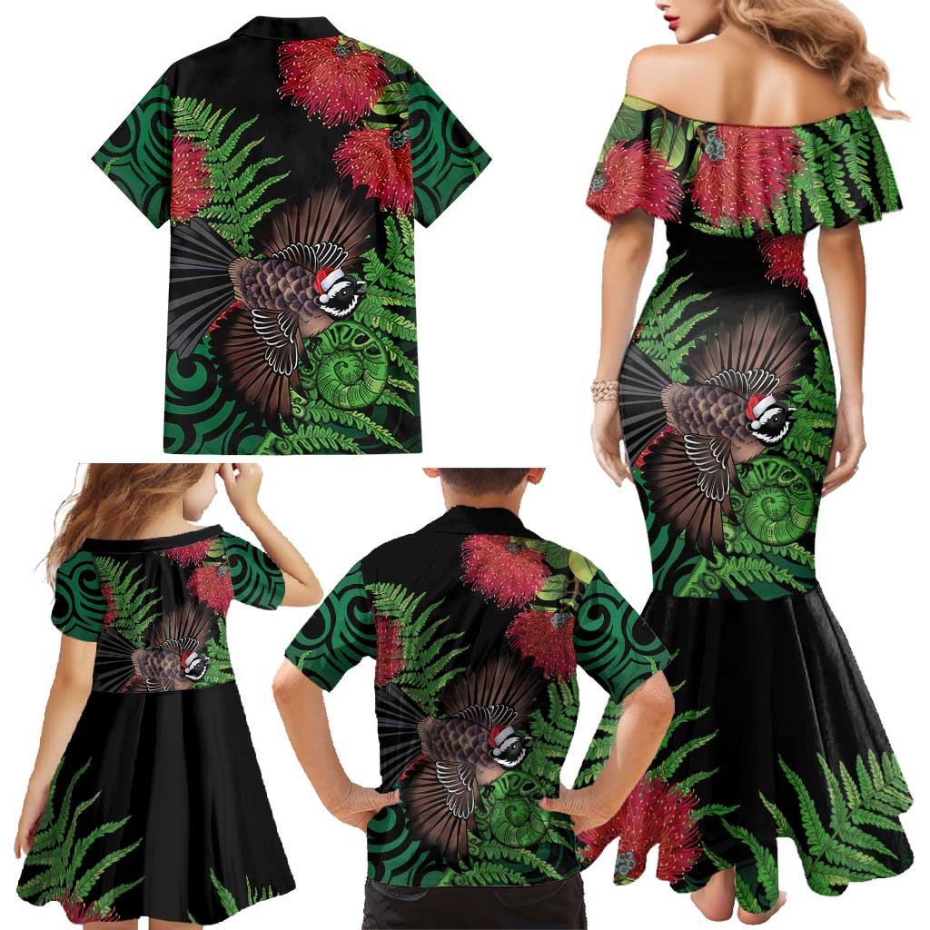 Meri Kirihimete New Zealand Family Matching Mermaid Dress and Hawaiian Shirt Piwakawaka Koru Fern Mix Pohutukawa - Polynesian Pride