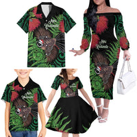 Meri Kirihimete New Zealand Family Matching Off The Shoulder Long Sleeve Dress and Hawaiian Shirt Piwakawaka Koru Fern Mix Pohutukawa - Polynesian Pride