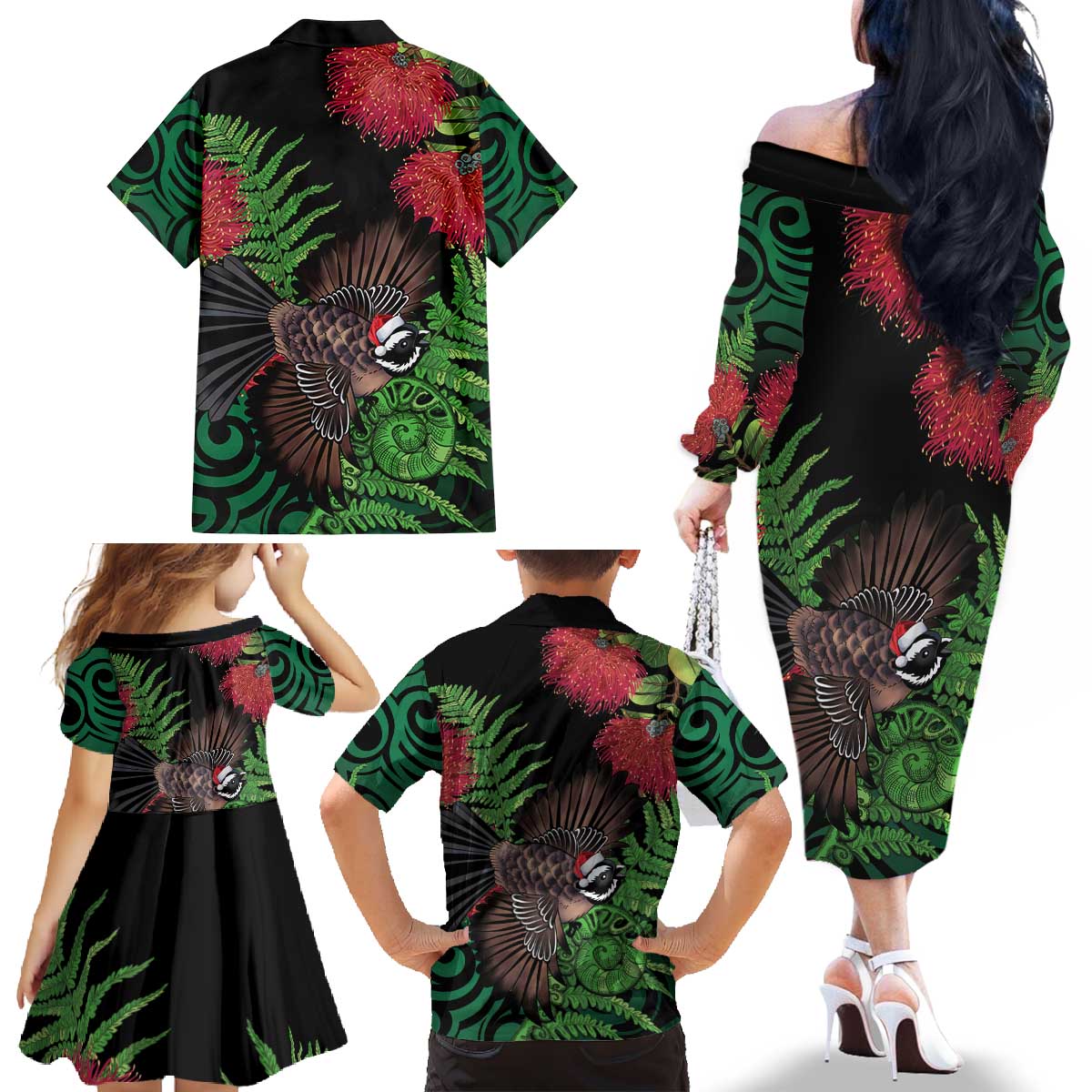 Meri Kirihimete New Zealand Family Matching Off The Shoulder Long Sleeve Dress and Hawaiian Shirt Piwakawaka Koru Fern Mix Pohutukawa - Polynesian Pride