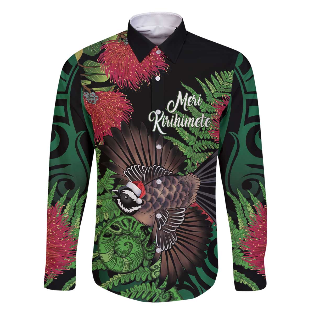 Meri Kirihimete New Zealand Family Matching Off The Shoulder Long Sleeve Dress and Hawaiian Shirt Piwakawaka Koru Fern Mix Pohutukawa - Polynesian Pride