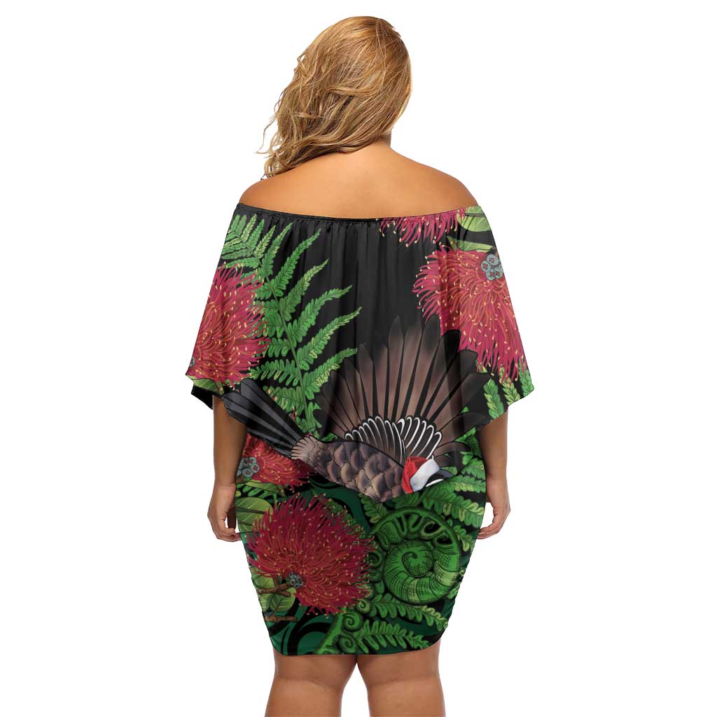 Meri Kirihimete New Zealand Family Matching Off Shoulder Short Dress and Hawaiian Shirt Piwakawaka Koru Fern Mix Pohutukawa - Polynesian Pride