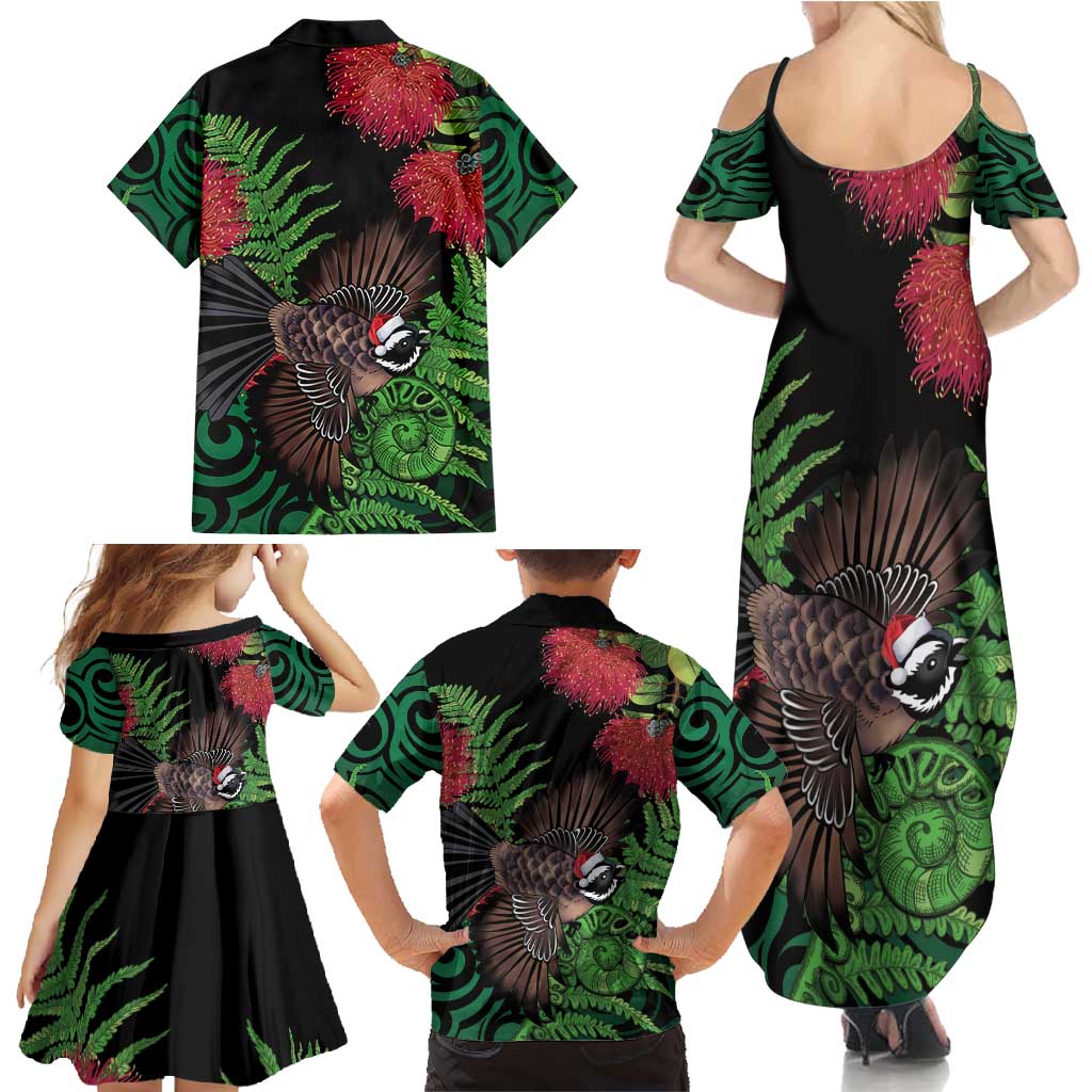 Meri Kirihimete New Zealand Family Matching Summer Maxi Dress and Hawaiian Shirt Piwakawaka Koru Fern Mix Pohutukawa - Polynesian Pride