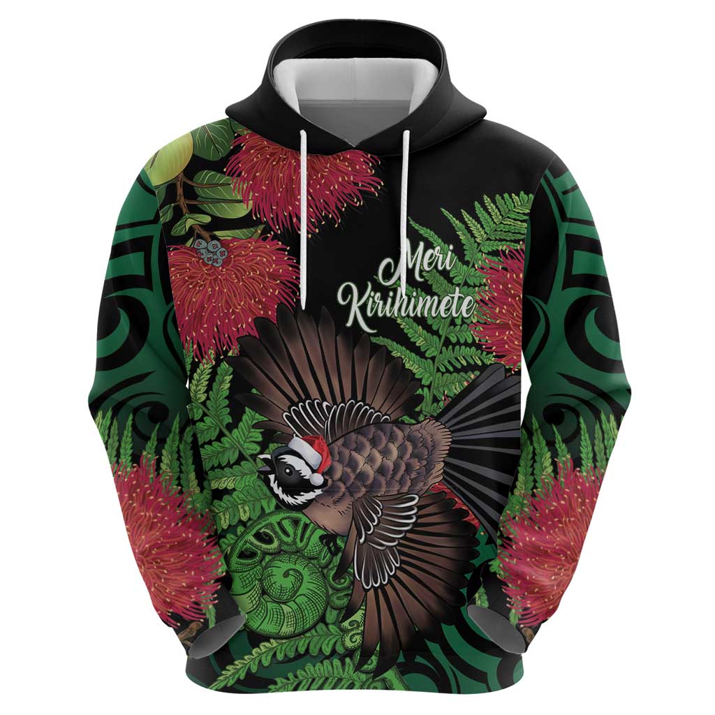 Meri Kirihimete New Zealand Hoodie Piwakawaka Koru Fern Mix Pohutukawa - Polynesian Pride
