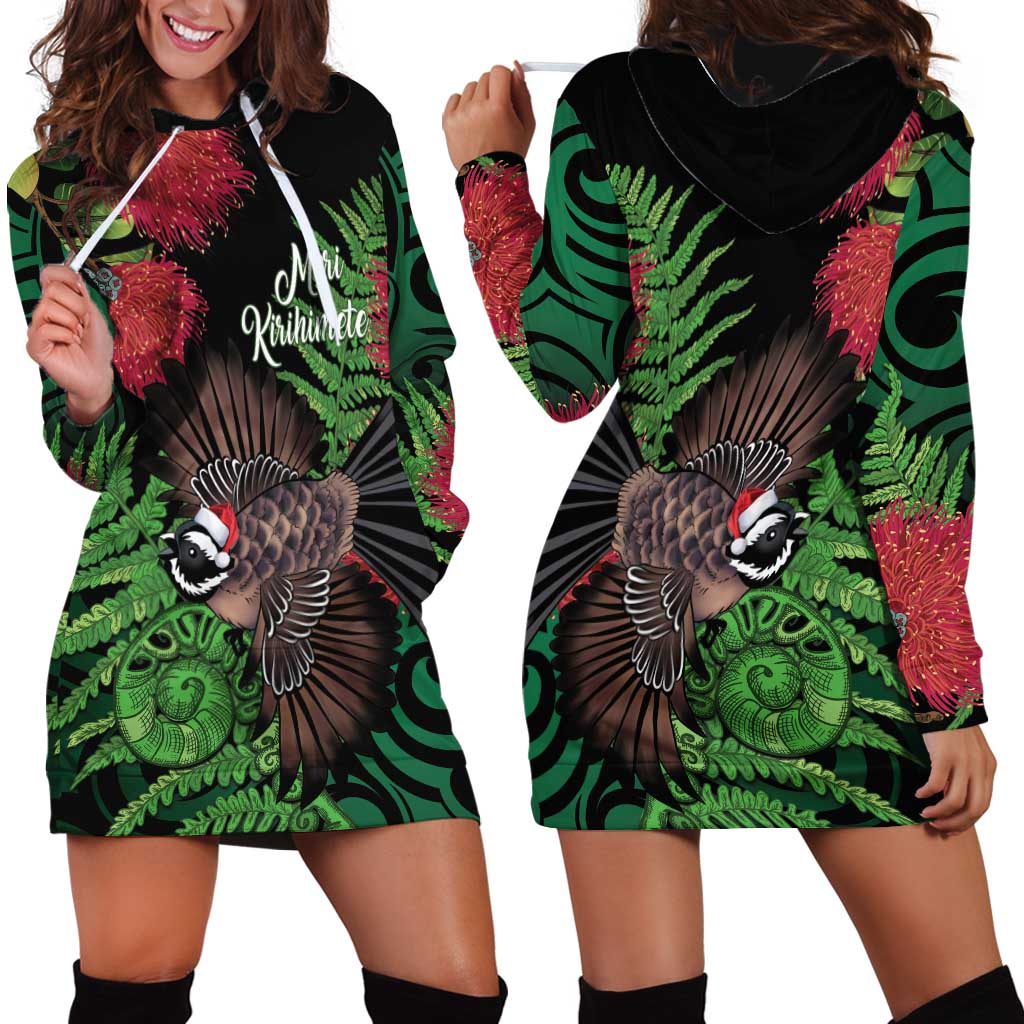 Meri Kirihimete New Zealand Hoodie Dress Piwakawaka Koru Fern Mix Pohutukawa - Polynesian Pride
