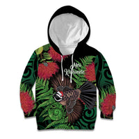 Meri Kirihimete New Zealand Kid Hoodie Piwakawaka Koru Fern Mix Pohutukawa - Polynesian Pride