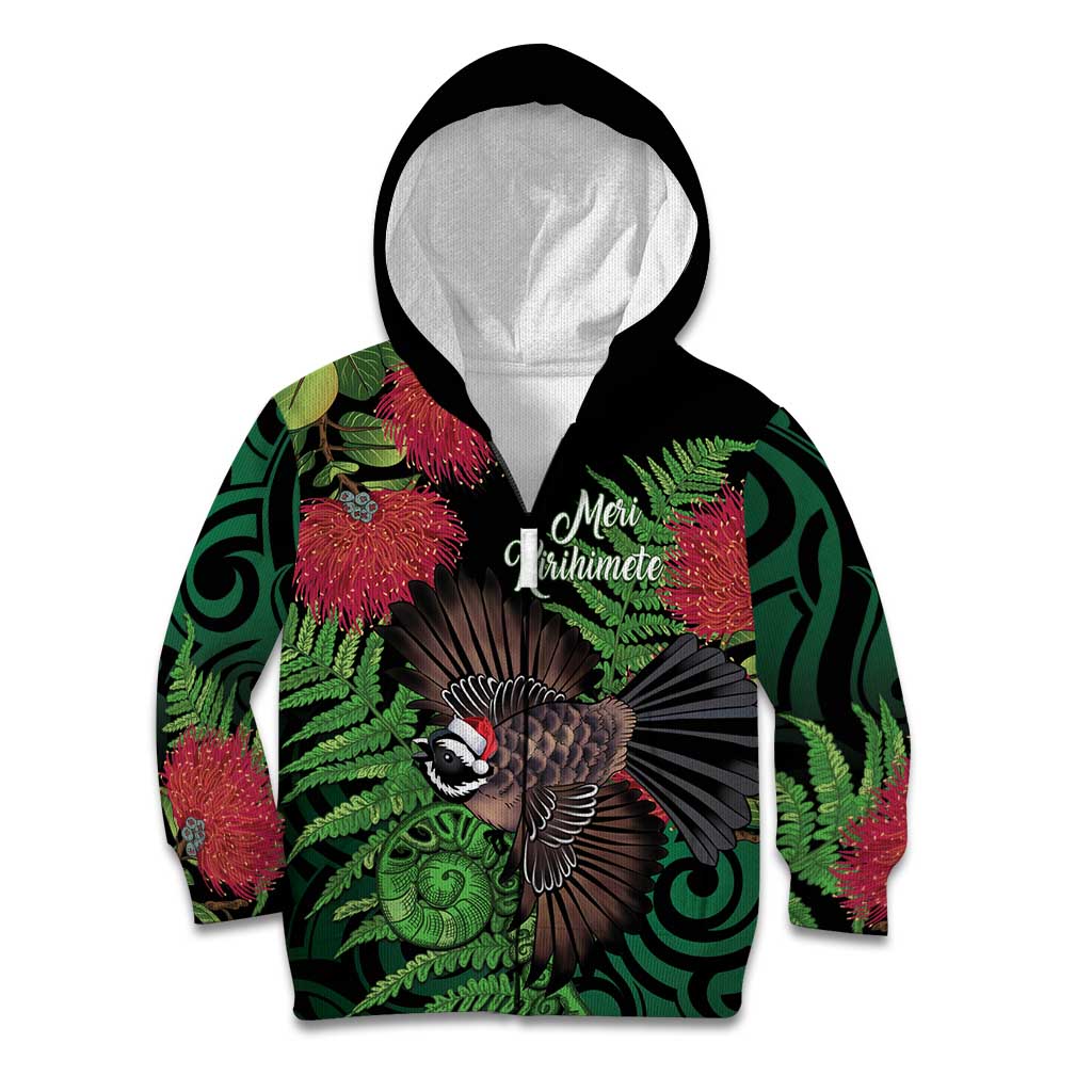 Meri Kirihimete New Zealand Kid Hoodie Piwakawaka Koru Fern Mix Pohutukawa - Polynesian Pride