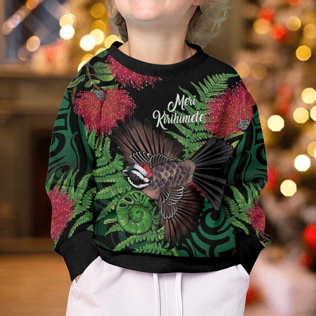 Meri Kirihimete New Zealand Kid Ugly Christmas Sweater Piwakawaka Koru Fern Mix Pohutukawa - Polynesian Pride