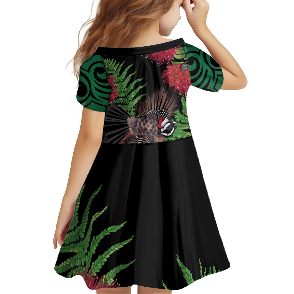 Meri Kirihimete New Zealand Kid Short Sleeve Dress Piwakawaka Koru Fern Mix Pohutukawa - Polynesian Pride