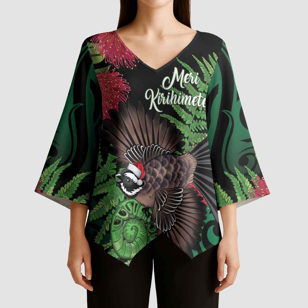 Meri Kirihimete New Zealand Kimono Sleeve Blouse Piwakawaka Koru Fern Mix Pohutukawa - Polynesian Pride