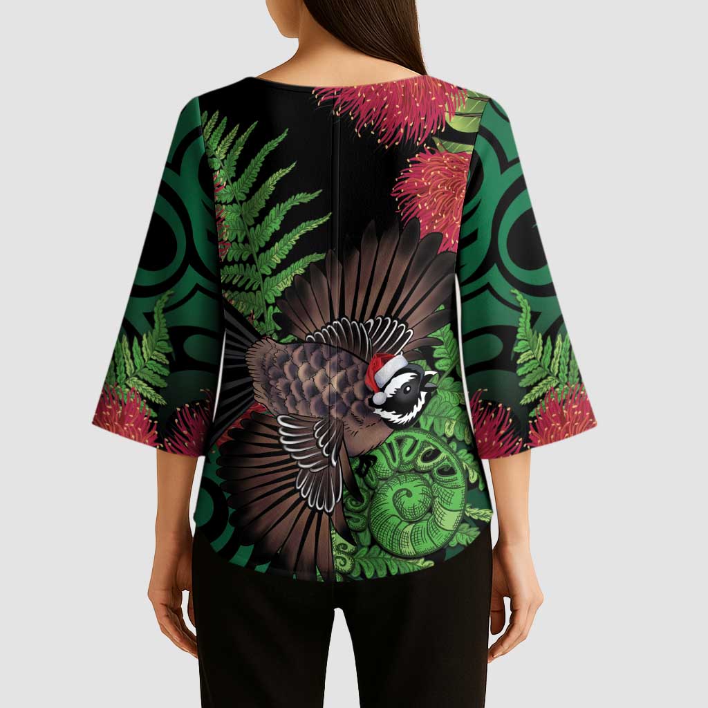 Meri Kirihimete New Zealand Kimono Sleeve Blouse Piwakawaka Koru Fern Mix Pohutukawa - Polynesian Pride