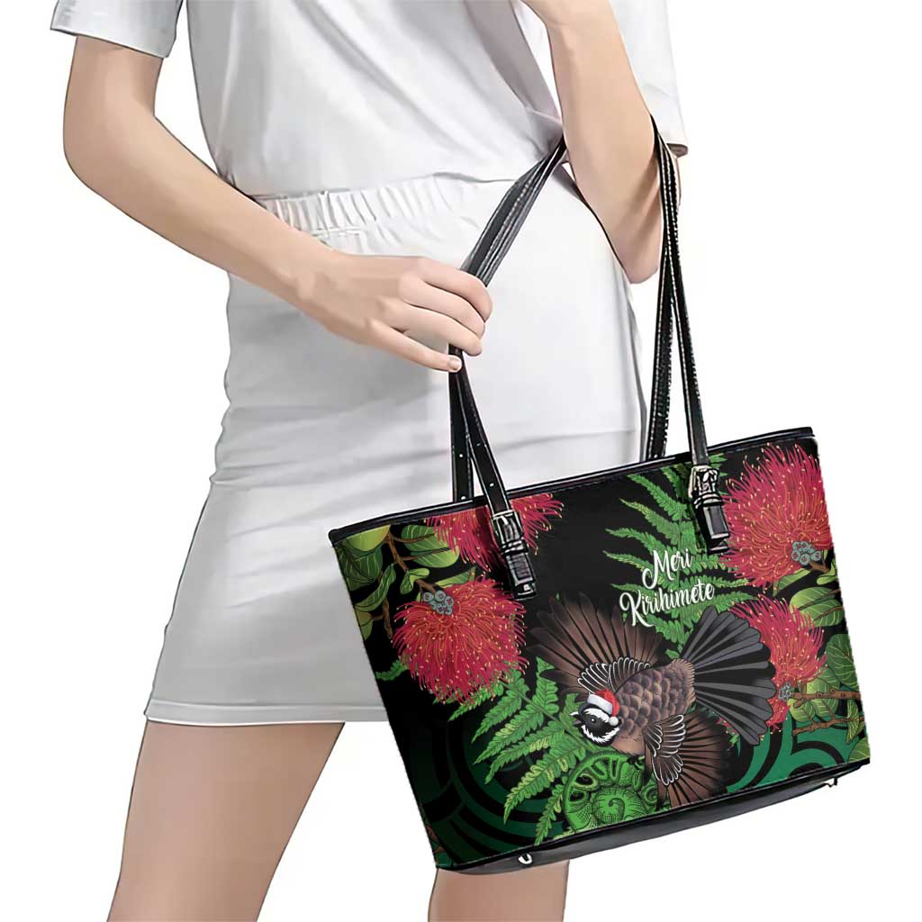 Meri Kirihimete New Zealand Leather Tote Bag Piwakawaka Koru Fern Mix Pohutukawa - Polynesian Pride