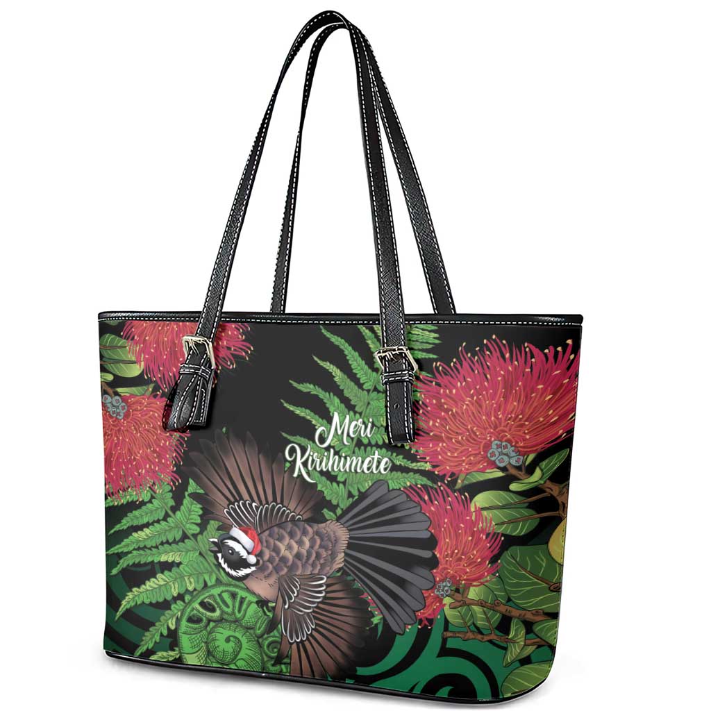 Meri Kirihimete New Zealand Leather Tote Bag Piwakawaka Koru Fern Mix Pohutukawa - Polynesian Pride