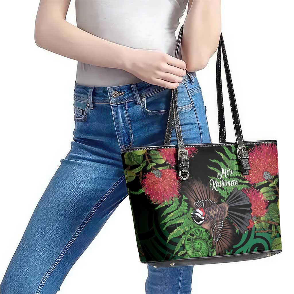 Meri Kirihimete New Zealand Leather Tote Bag Piwakawaka Koru Fern Mix Pohutukawa - Polynesian Pride
