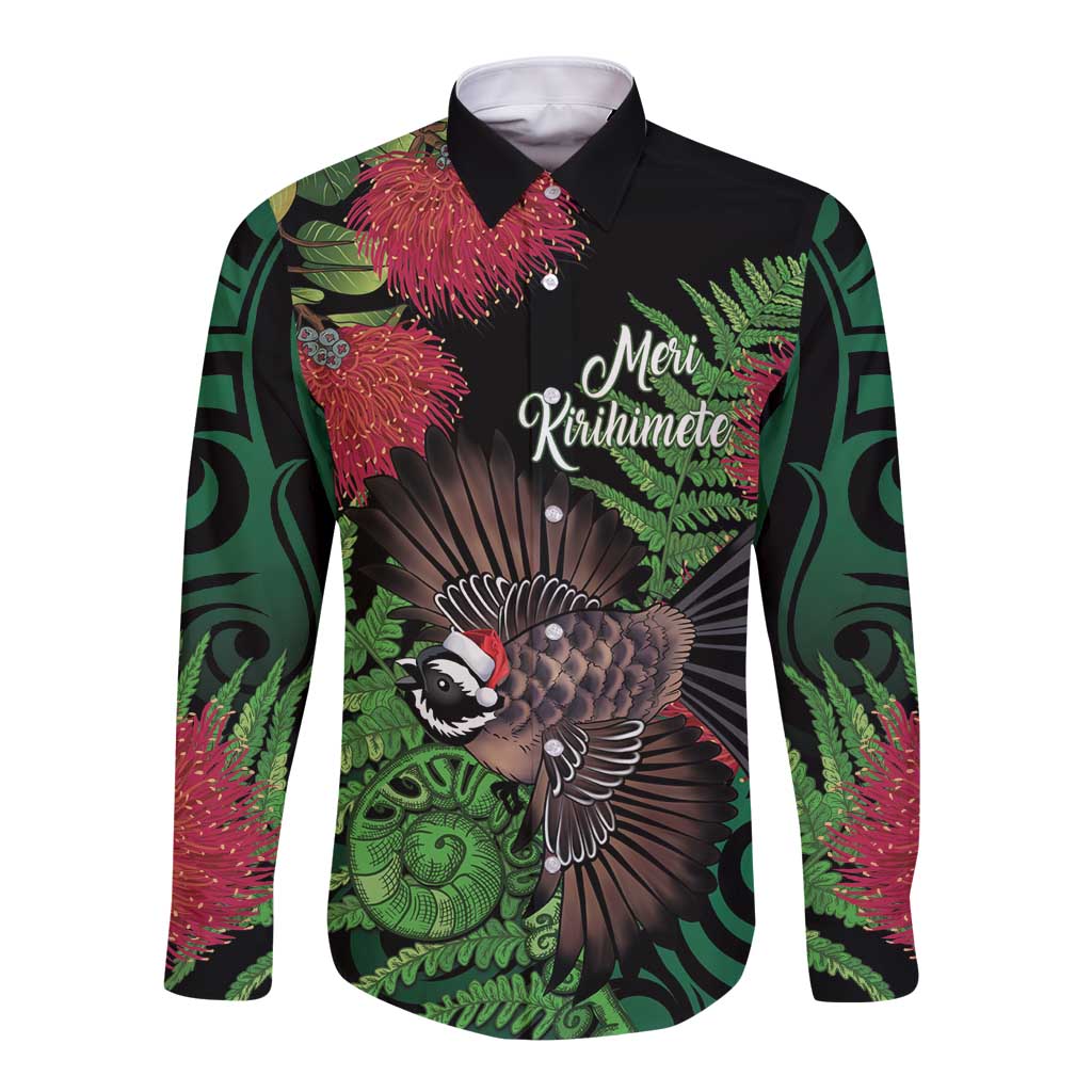 Meri Kirihimete New Zealand Long Sleeve Button Shirt Piwakawaka Koru Fern Mix Pohutukawa - Polynesian Pride