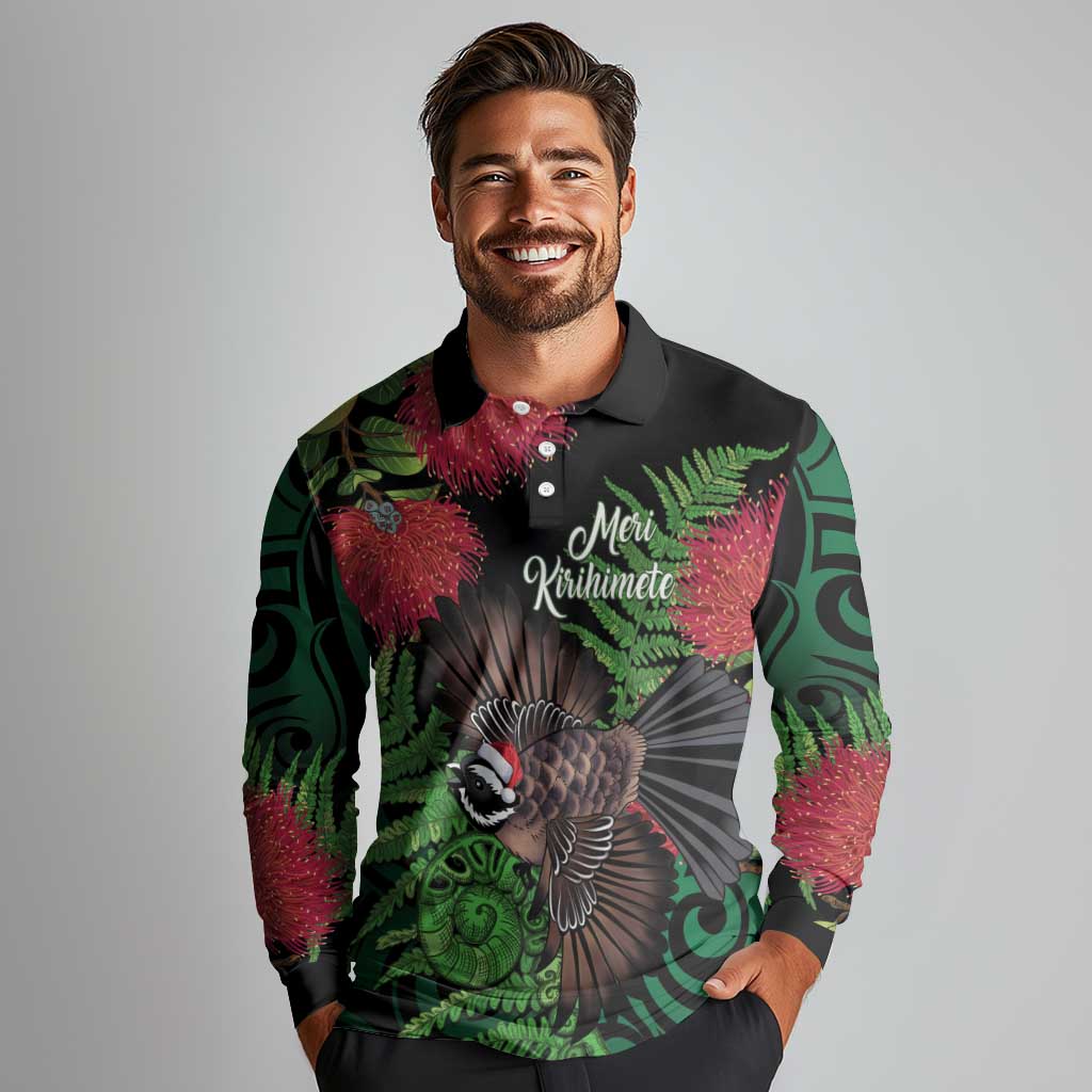 Meri Kirihimete New Zealand Long Sleeve Polo Shirt Piwakawaka Koru Fern Mix Pohutukawa - Polynesian Pride