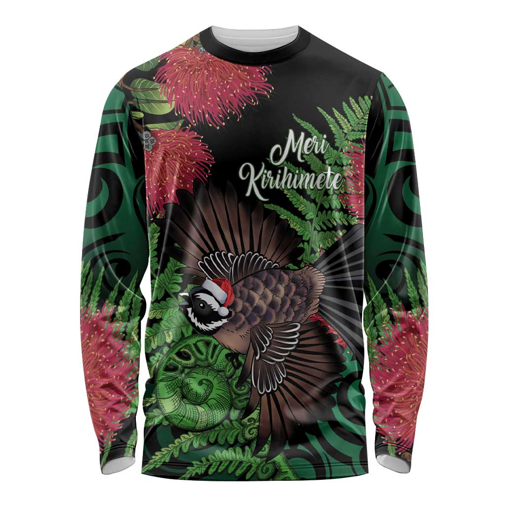 Meri Kirihimete New Zealand Long Sleeve Shirt Piwakawaka Koru Fern Mix Pohutukawa - Polynesian Pride