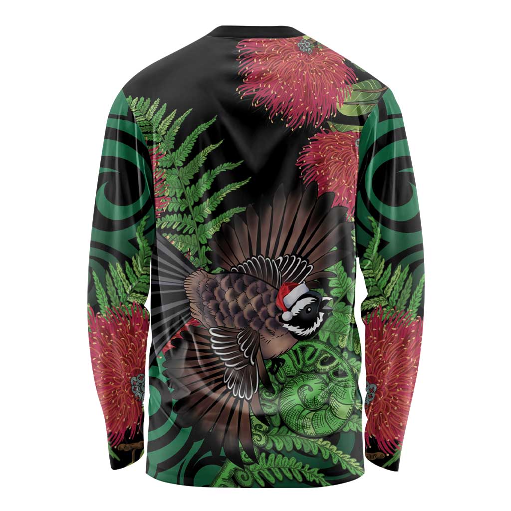 Meri Kirihimete New Zealand Long Sleeve Shirt Piwakawaka Koru Fern Mix Pohutukawa - Polynesian Pride