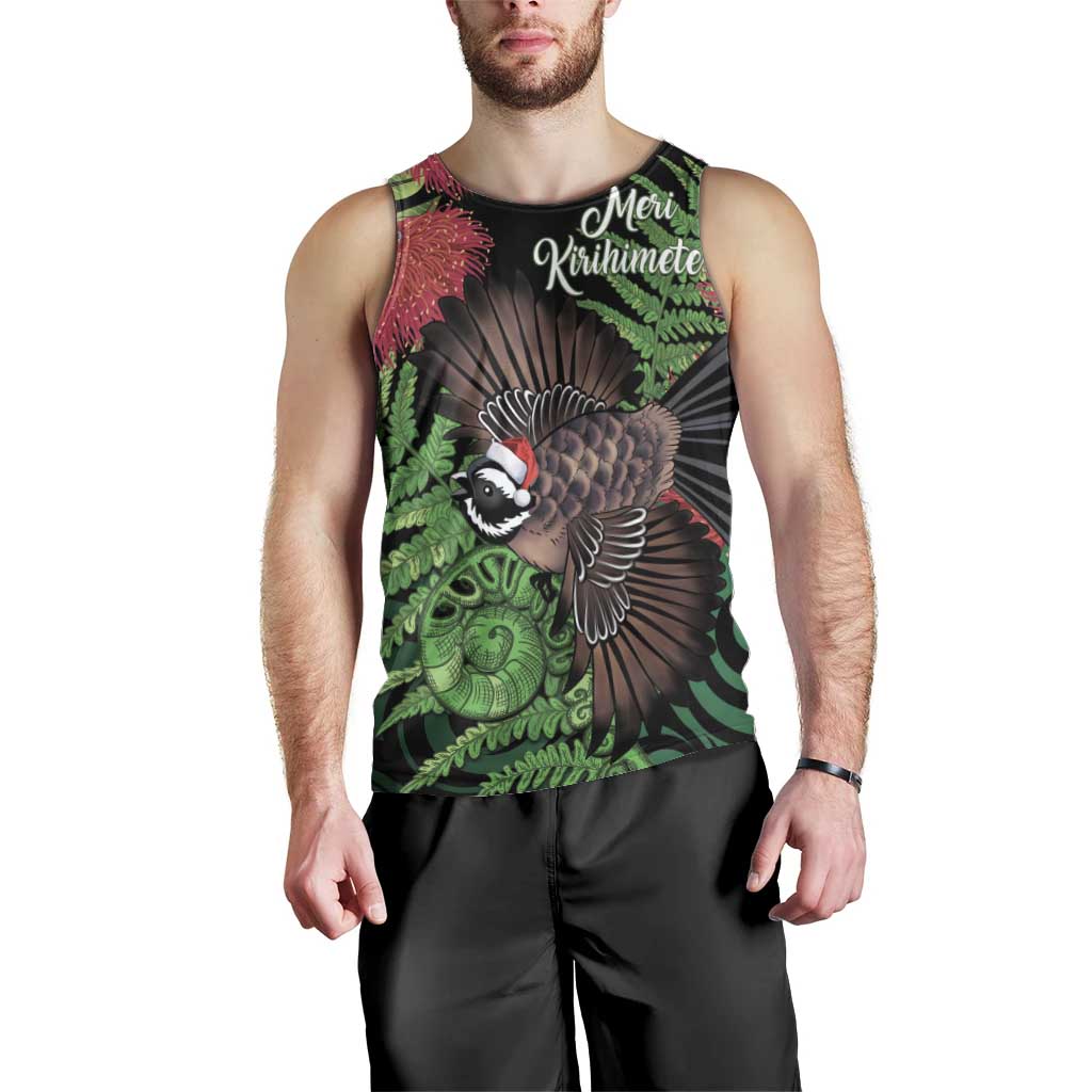 Meri Kirihimete New Zealand Men Tank Top Piwakawaka Koru Fern Mix Pohutukawa - Polynesian Pride