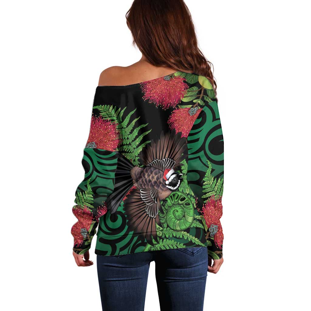 Meri Kirihimete New Zealand Off Shoulder Sweater Piwakawaka Koru Fern Mix Pohutukawa - Polynesian Pride
