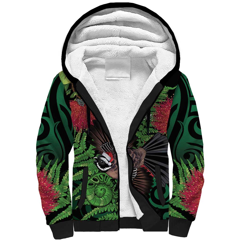 Meri Kirihimete New Zealand Sherpa Hoodie Piwakawaka Koru Fern Mix Pohutukawa - Polynesian Pride