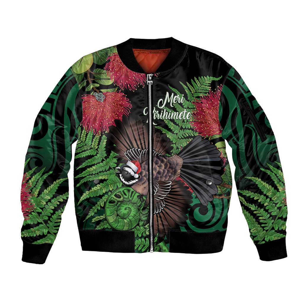 Meri Kirihimete New Zealand Sleeve Zip Bomber Jacket Piwakawaka Koru Fern Mix Pohutukawa - Polynesian Pride