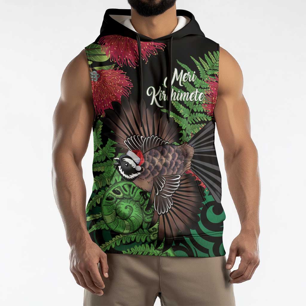 Meri Kirihimete New Zealand Sleeveless Hoodie Piwakawaka Koru Fern Mix Pohutukawa - Polynesian Pride