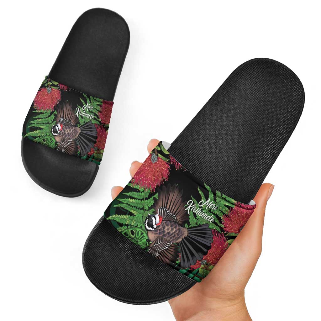 Meri Kirihimete New Zealand Slide Sandals Piwakawaka Koru Fern Mix Pohutukawa - Polynesian Pride