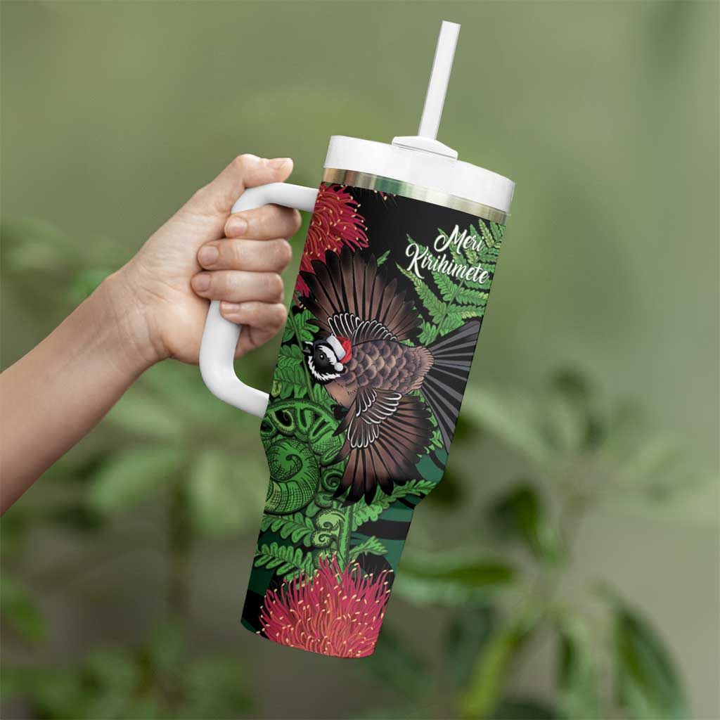 Meri Kirihimete New Zealand Tumbler With Handle Piwakawaka Koru Fern Mix Pohutukawa - Polynesian Pride