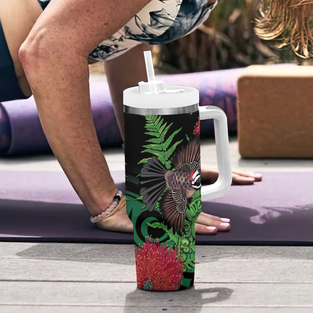 Meri Kirihimete New Zealand Tumbler With Handle Piwakawaka Koru Fern Mix Pohutukawa - Polynesian Pride