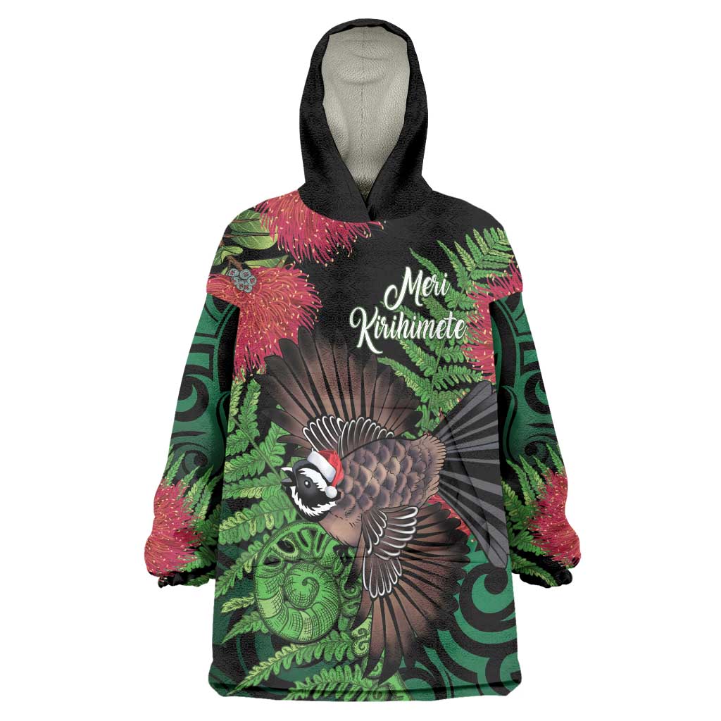 Meri Kirihimete New Zealand Wearable Blanket Hoodie Piwakawaka Koru Fern Mix Pohutukawa - Polynesian Pride