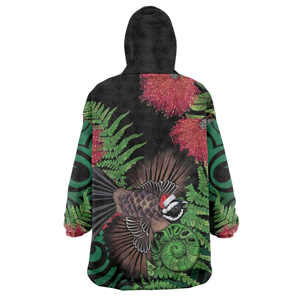 Meri Kirihimete New Zealand Wearable Blanket Hoodie Piwakawaka Koru Fern Mix Pohutukawa - Polynesian Pride
