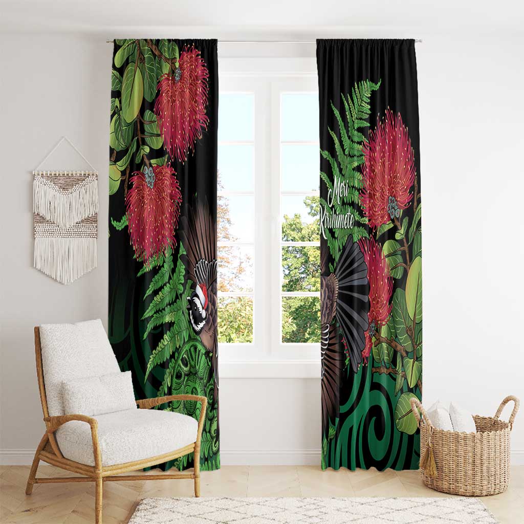 Meri Kirihimete New Zealand Window Curtain Piwakawaka Koru Fern Mix Pohutukawa - Polynesian Pride