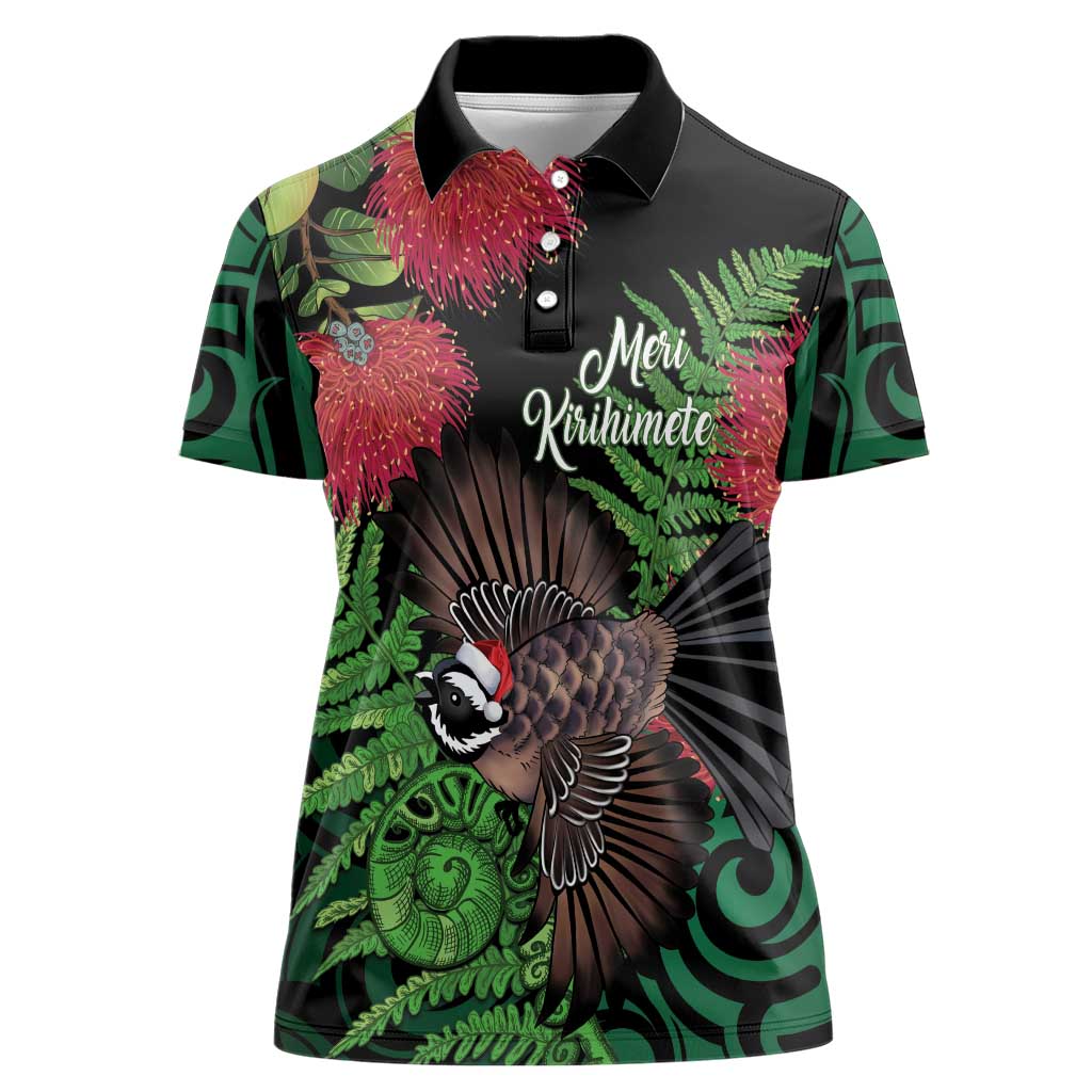 Meri Kirihimete New Zealand Women Polo Shirt Piwakawaka Koru Fern Mix Pohutukawa - Polynesian Pride