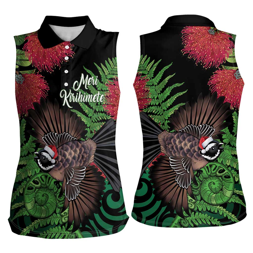 Meri Kirihimete New Zealand Women Sleeveless Polo Shirt Piwakawaka Koru Fern Mix Pohutukawa - Polynesian Pride