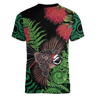 Meri Kirihimete New Zealand Women V-Neck T-Shirt Piwakawaka Koru Fern Mix Pohutukawa - Polynesian Pride