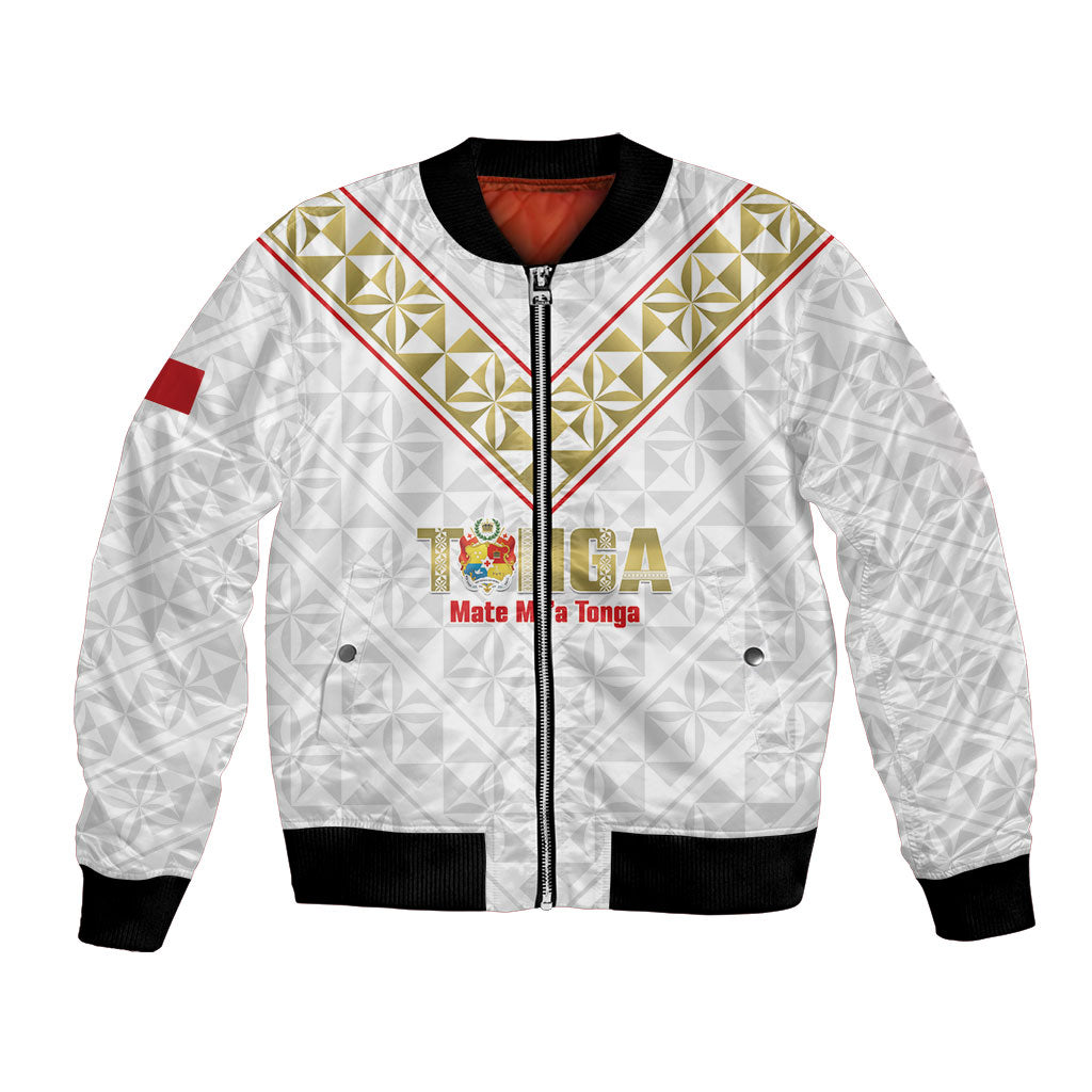 Mate Maa Tonga Rugby Custom Bomber Jacket 2026 Tongan Ngatu Pattern LT14 Unisex White - Polynesian Pride