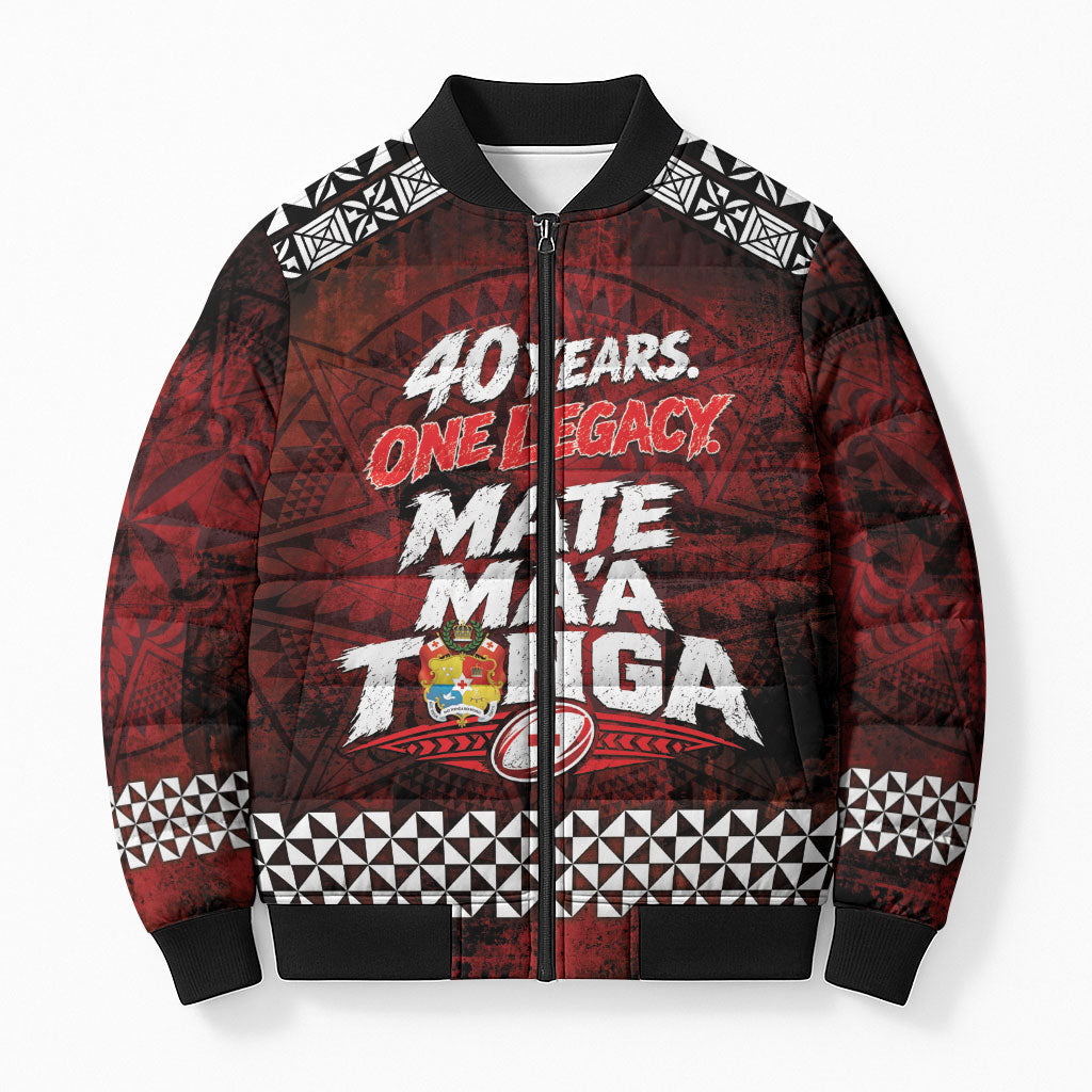 Mate Maa Tonga Rugby 2026 Bomber Puffer Jacket 40 Years Anniversary One Legacy LT14 Unisex Red - Polynesian Pride
