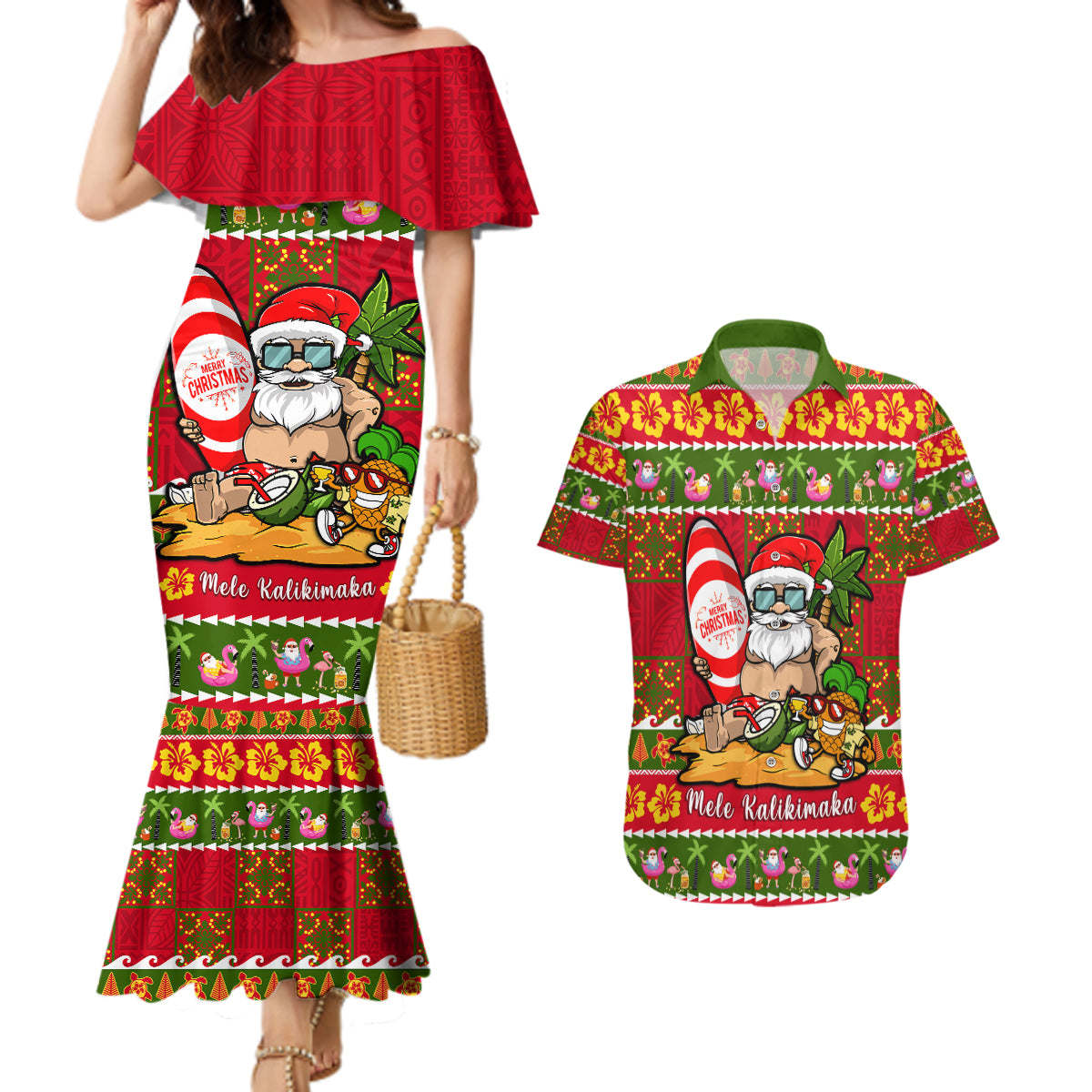 Personalised Hawaii Surfing Santa Christmas Couples Matching Mermaid Dress and Hawaiian Shirt Tropical Pineapple Mele Kalikimaka Quilt Pattern LT14 Red - Polynesian Pride