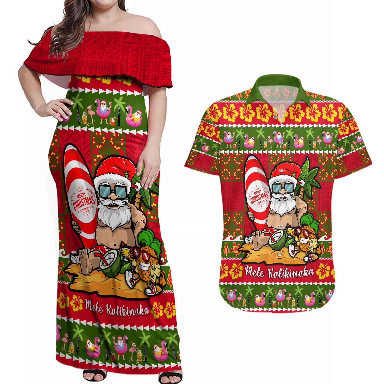 Personalised Hawaii Surfing Santa Christmas Couples Matching Off Shoulder Maxi Dress and Hawaiian Shirt Tropical Pineapple Mele Kalikimaka Quilt Pattern LT14 Red - Polynesian Pride