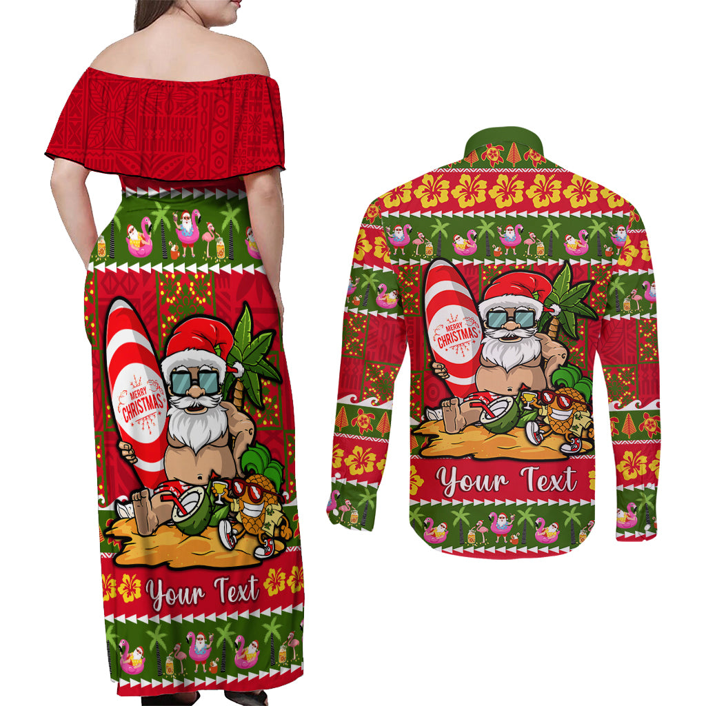 Personalised Hawaii Surfing Santa Christmas Couples Matching Off Shoulder Maxi Dress and Long Sleeve Button Shirt Tropical Pineapple Mele Kalikimaka Quilt Pattern LT14 - Polynesian Pride