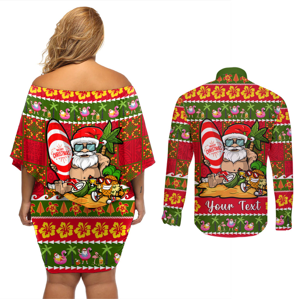 Personalised Hawaii Surfing Santa Christmas Couples Matching Off Shoulder Short Dress and Long Sleeve Button Shirt Tropical Pineapple Mele Kalikimaka Quilt Pattern LT14 - Polynesian Pride