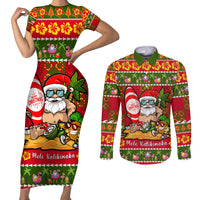 Personalised Hawaii Surfing Santa Christmas Couples Matching Short Sleeve Bodycon Dress and Long Sleeve Button Shirt Tropical Pineapple Mele Kalikimaka Quilt Pattern LT14 Red - Polynesian Pride
