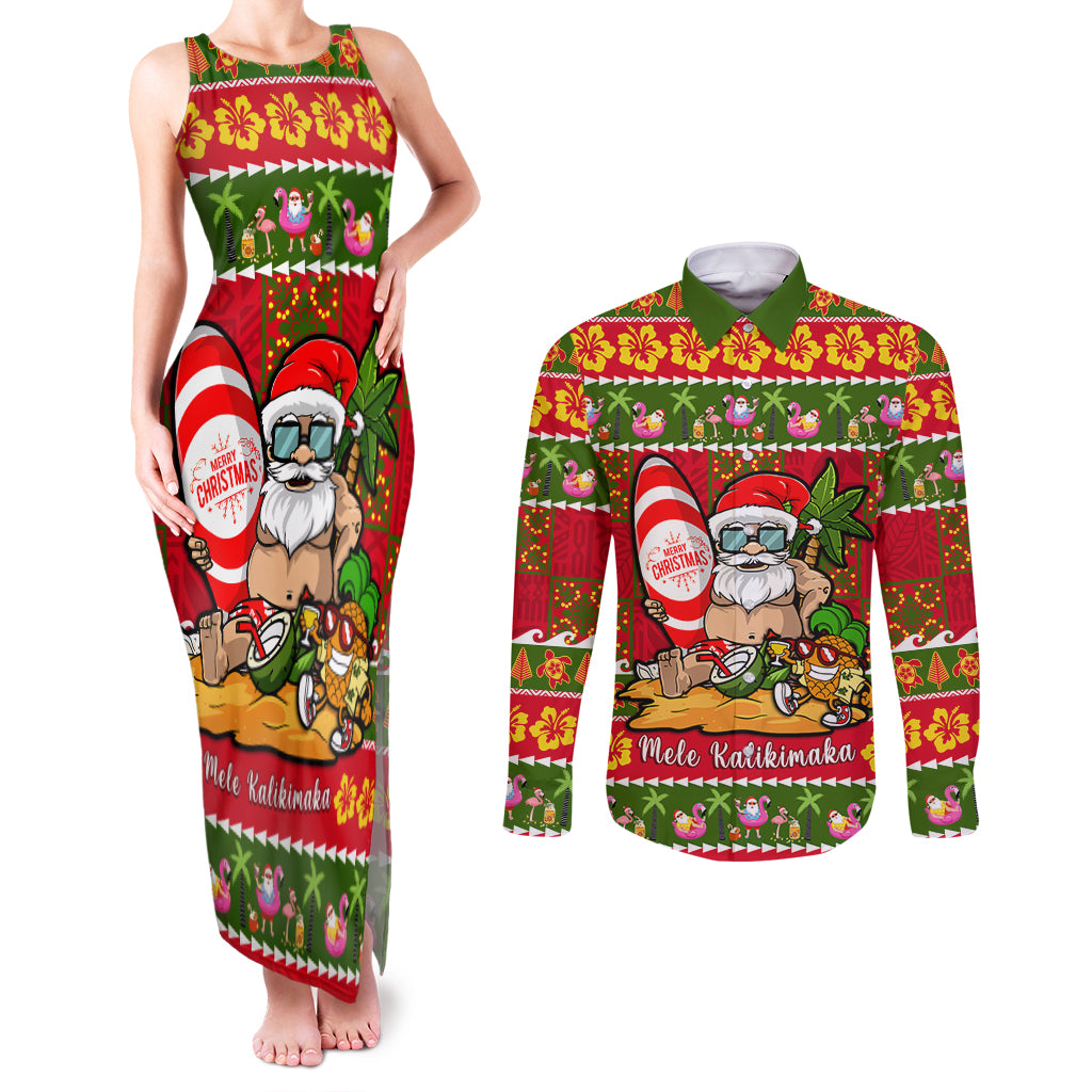 Personalised Hawaii Surfing Santa Christmas Couples Matching Tank Maxi Dress and Long Sleeve Button Shirt Tropical Pineapple Mele Kalikimaka Quilt Pattern LT14 Red - Polynesian Pride