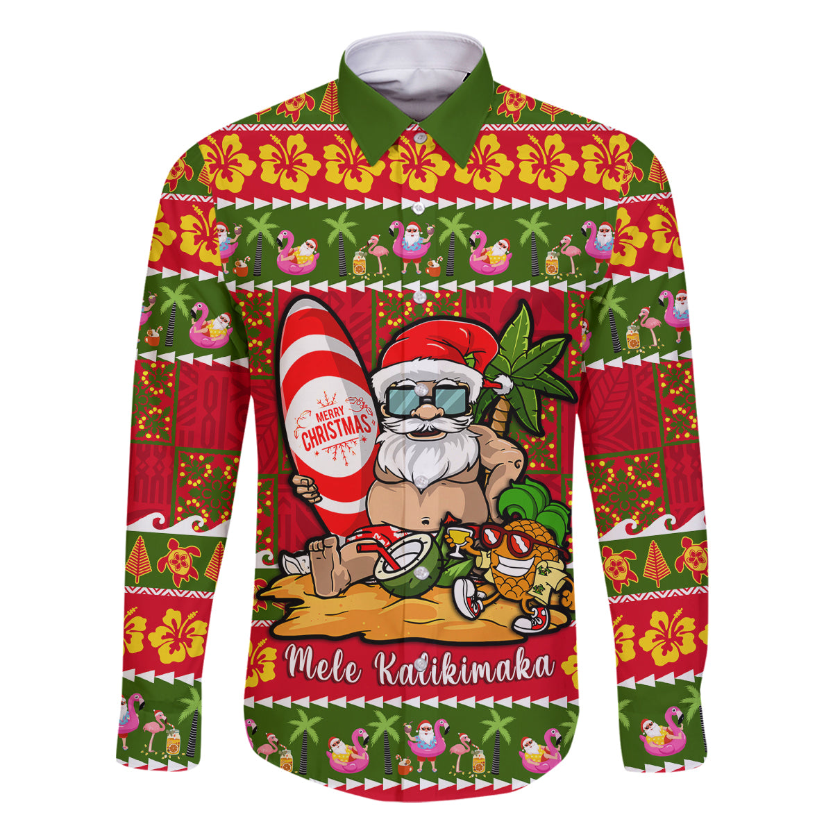 Personalised Hawaii Surfing Santa Christmas Family Matching Long Sleeve Bodycon Dress and Hawaiian Shirt Tropical Pineapple Mele Kalikimaka Quilt Pattern LT14 Dad's Shirt - Long Sleeve Red - Polynesian Pride