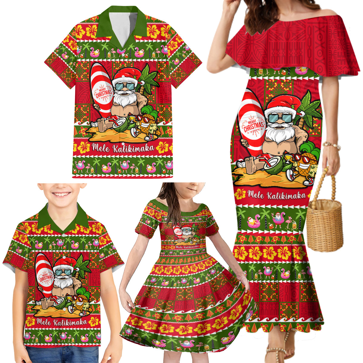 Personalised Hawaii Surfing Santa Christmas Family Matching Mermaid Dress and Hawaiian Shirt Tropical Pineapple Mele Kalikimaka Quilt Pattern LT14 - Polynesian Pride