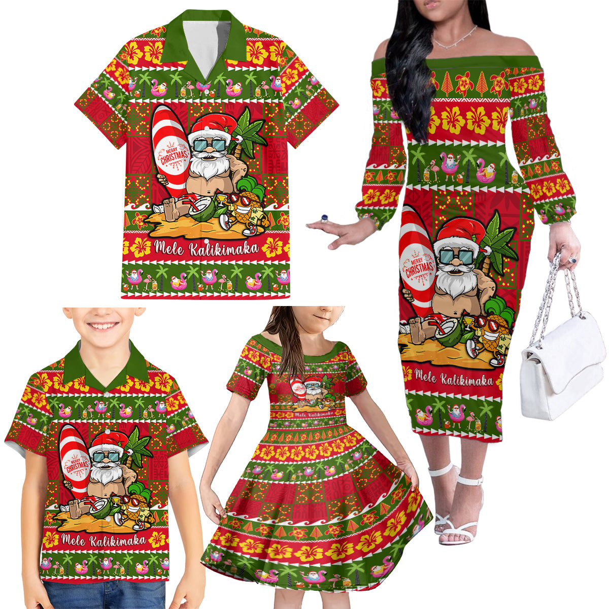 Personalised Hawaii Surfing Santa Christmas Family Matching Off Shoulder Long Sleeve Dress and Hawaiian Shirt Tropical Pineapple Mele Kalikimaka Quilt Pattern LT14 - Polynesian Pride