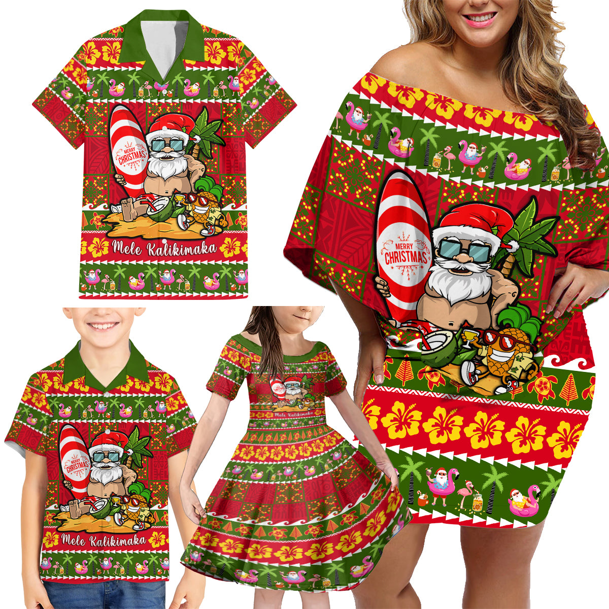 Personalised Hawaii Surfing Santa Christmas Family Matching Off Shoulder Short Dress and Hawaiian Shirt Tropical Pineapple Mele Kalikimaka Quilt Pattern LT14 - Polynesian Pride