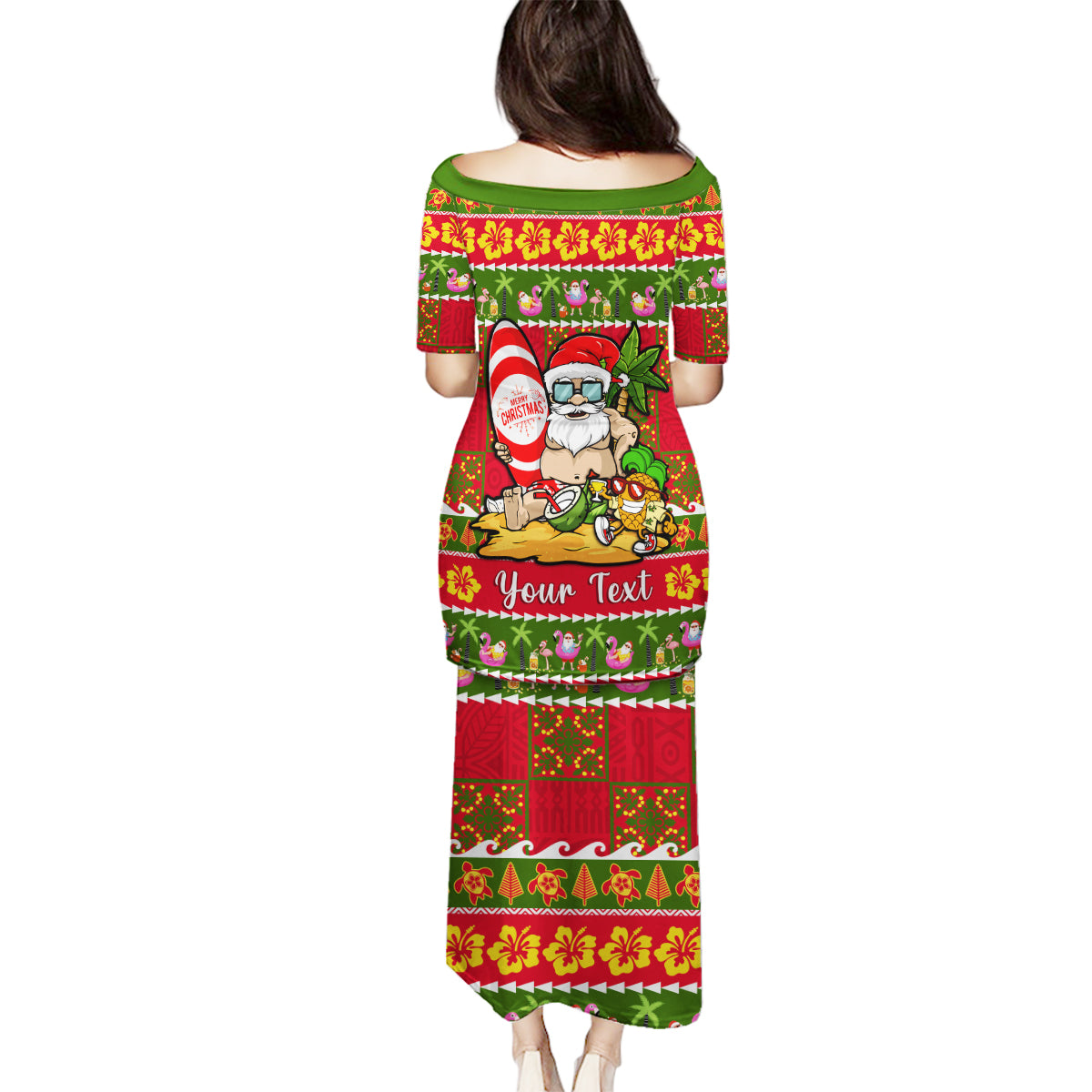 Personalised Hawaii Surfing Santa Christmas Family Matching Puletasi Dress and Hawaiian Shirt Tropical Pineapple Mele Kalikimaka Quilt Pattern LT14 - Polynesian Pride