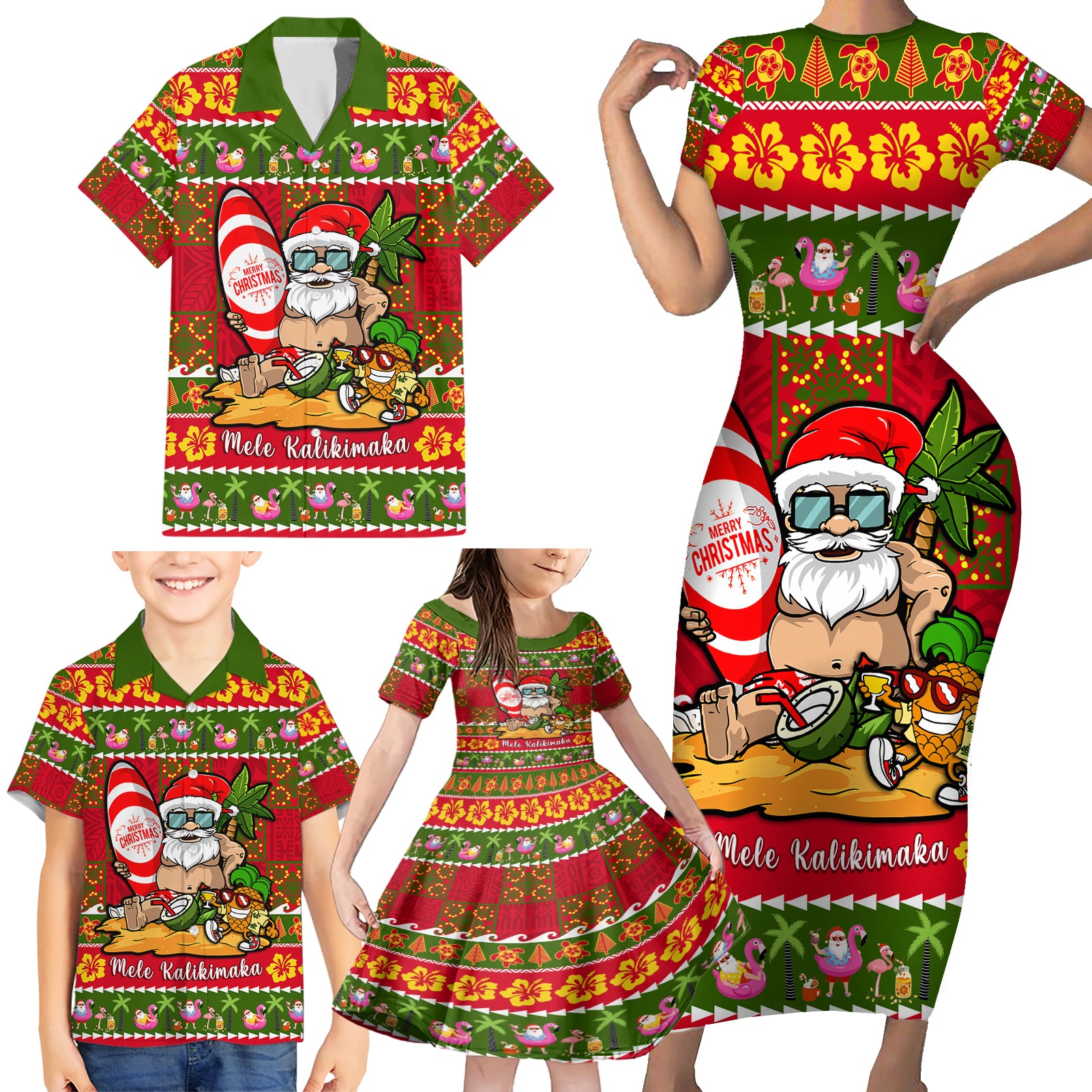 Personalised Hawaii Surfing Santa Christmas Family Matching Short Sleeve Bodycon Dress and Hawaiian Shirt Tropical Pineapple Mele Kalikimaka Quilt Pattern LT14 - Polynesian Pride